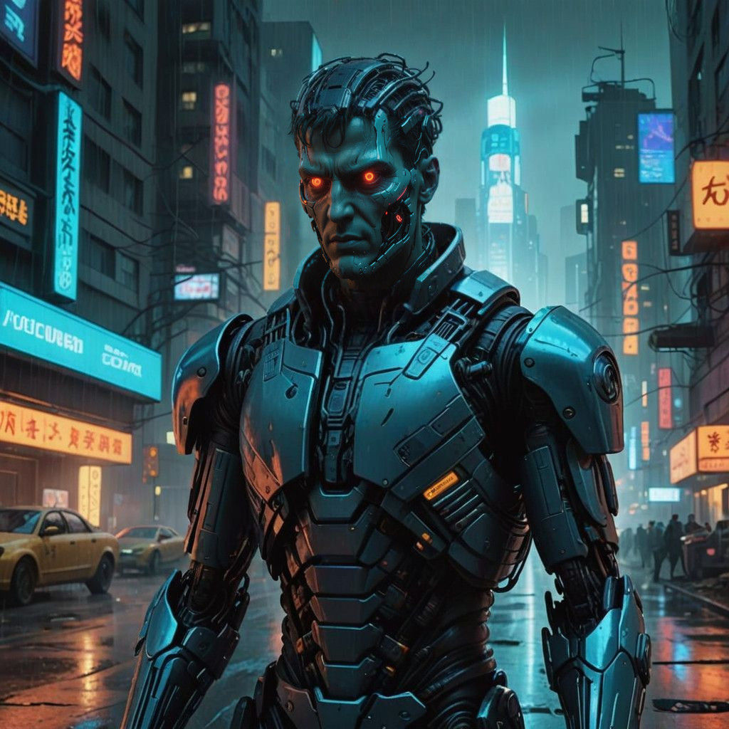 Cyborg Warrior Battles Zombie in Neon-Drenched City