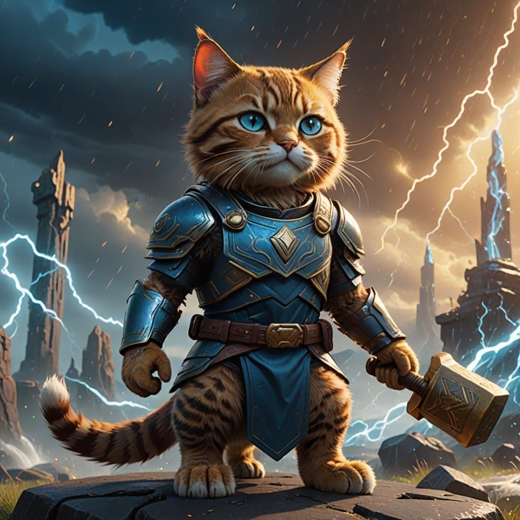 Feline Asgardian Hero Wields Mjolnir with Confidence
