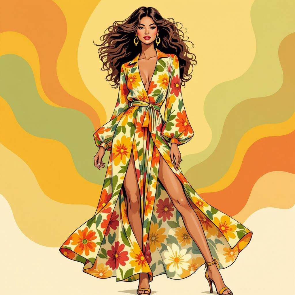 1970s Fashion Model Illustration in Bohemian Style
