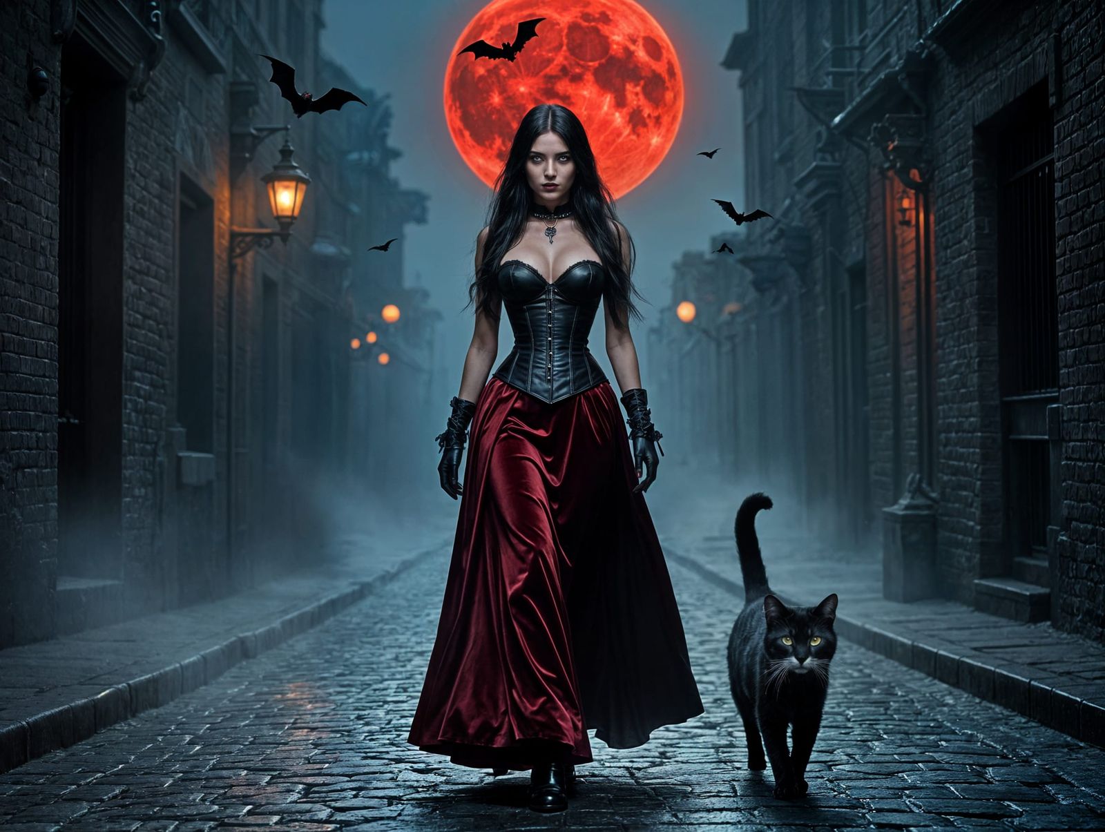 Goth Woman Strolls Dark City Street Under Crimson Moon