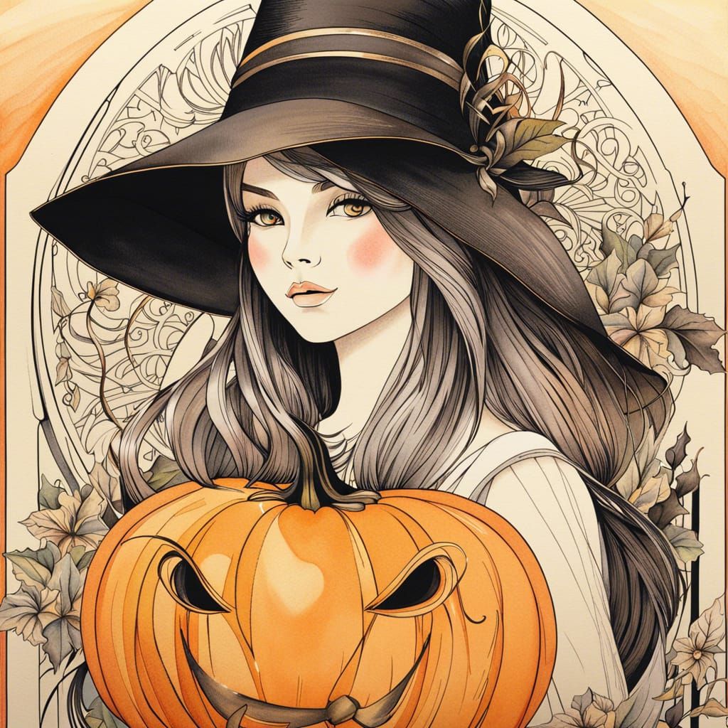 Witch Girl with Pumpkin Line Art Ornament