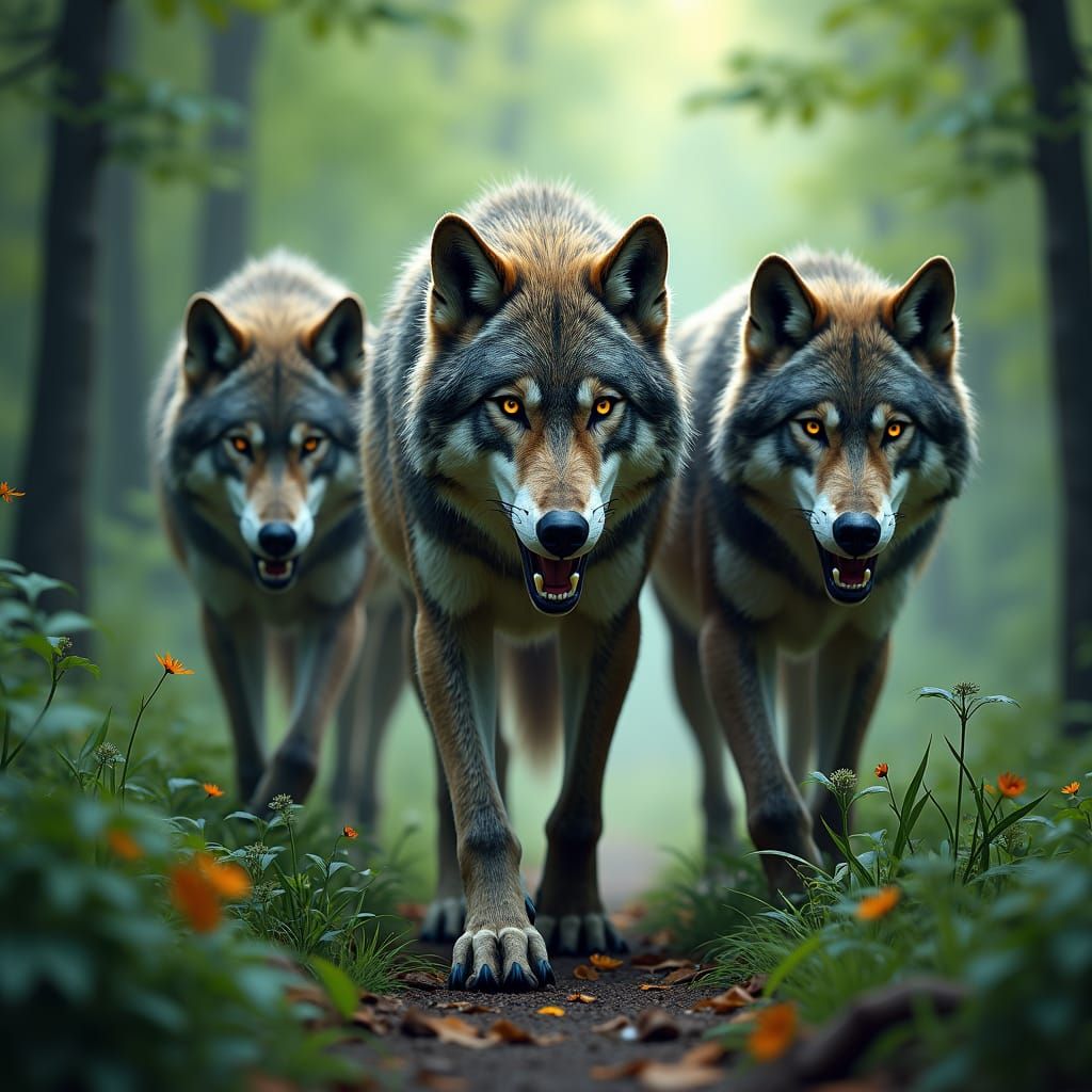 Wolf Pack in Lush Forest: Hyperrealistic Concept Art