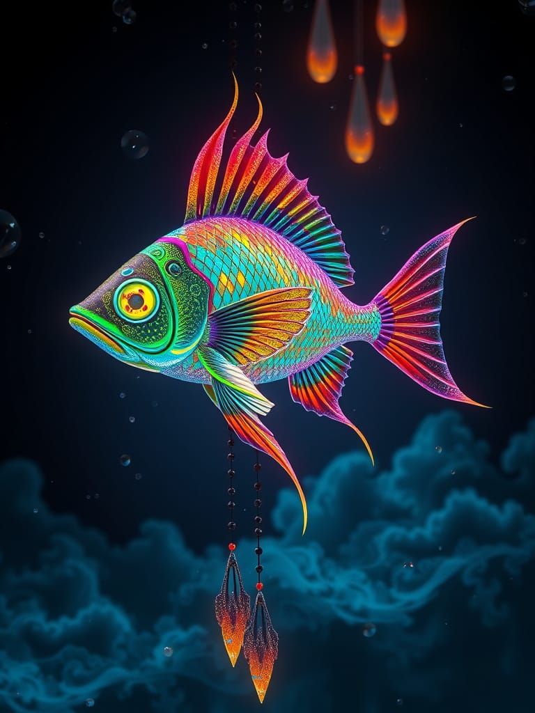 Bioluminescent Fish Wind Chime in Azure Depths