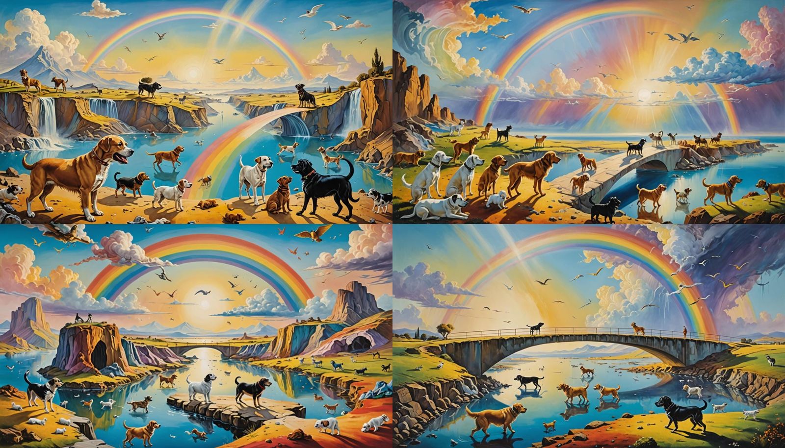 Dogs Ascend Rainbow Bridge in Surrealist Style