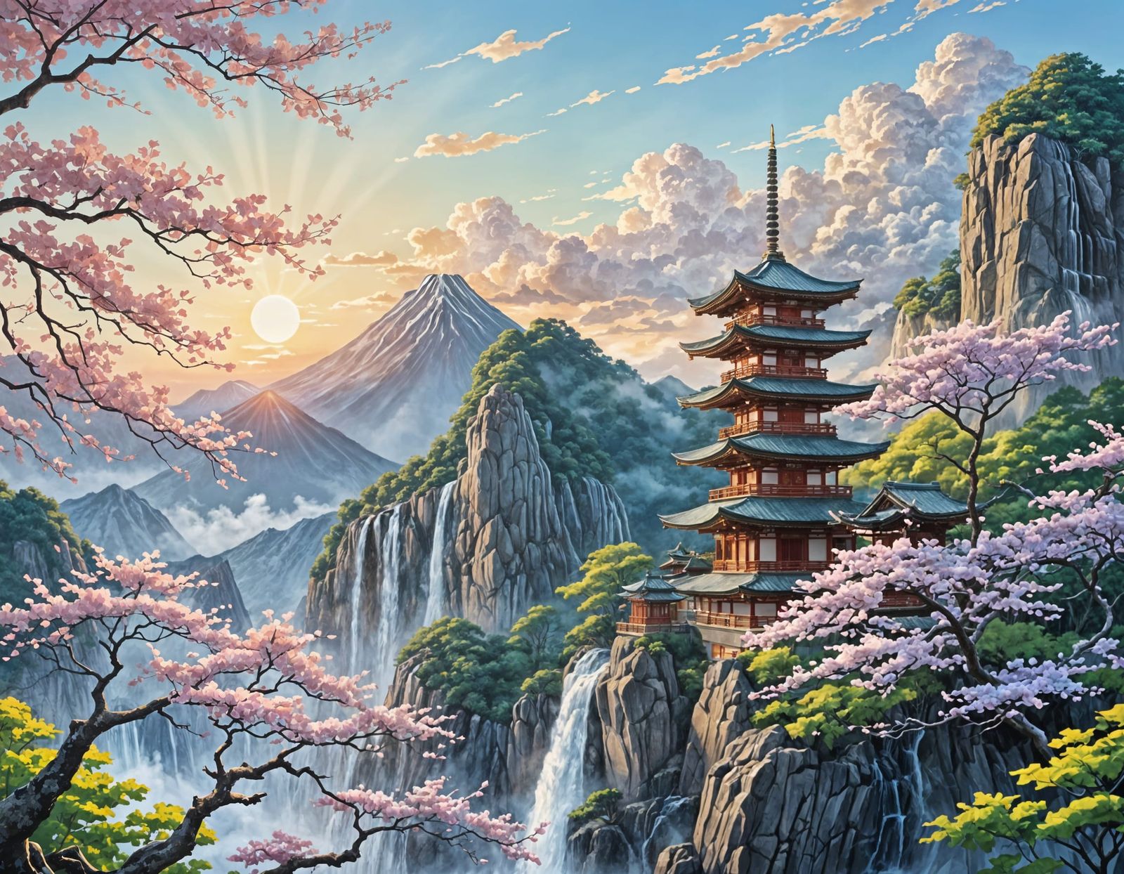 Serene Japanese Landscape in Pastel Cool Tones