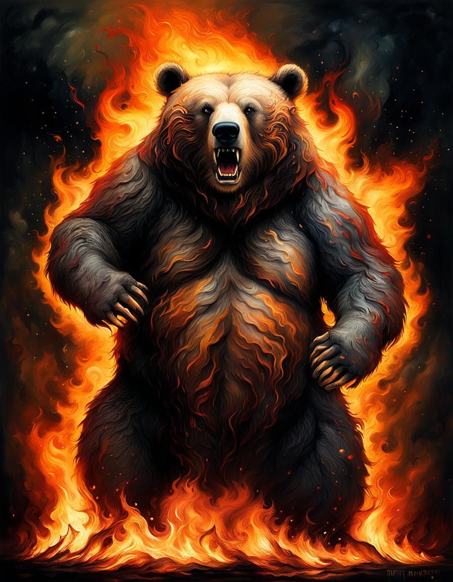 Flaming Grizzly Bear in Volcanic Hyperspace Portrait