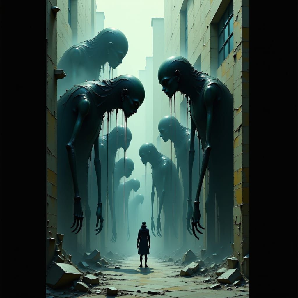 Creepy Humanoids in Misty Alley, Biomechanical Art