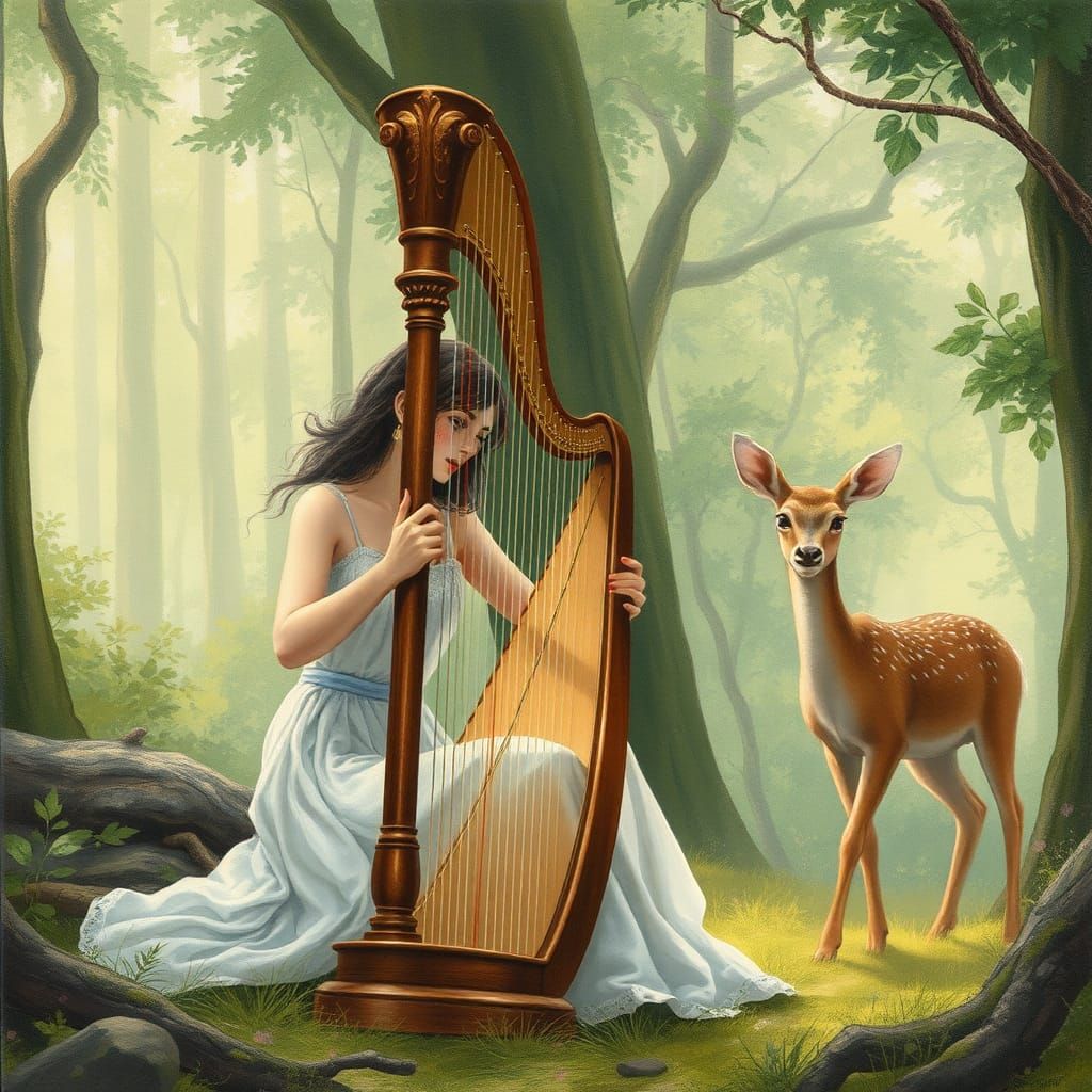 Serene Harpist and Curious Deer in Enchanted Forest