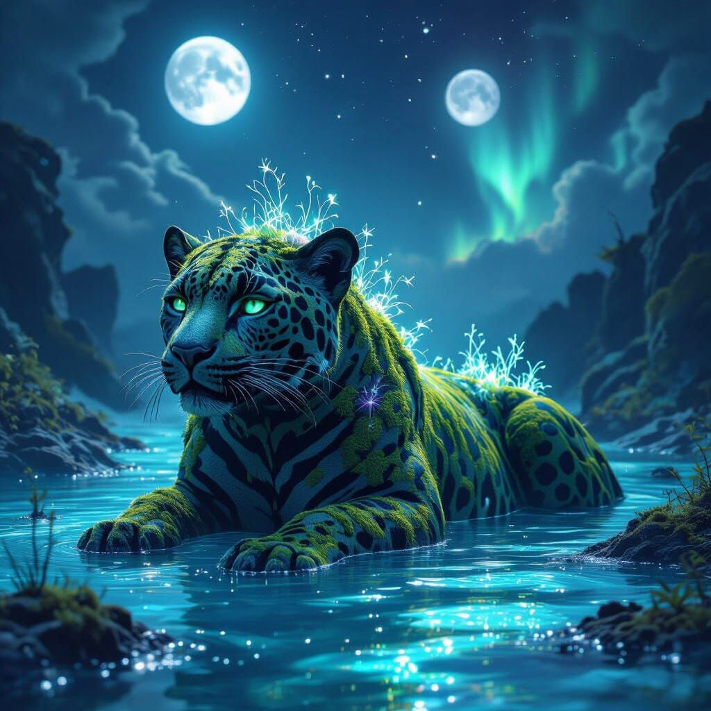 Bioluminescent Ocean Jaguar Statue with Ethereal Flora