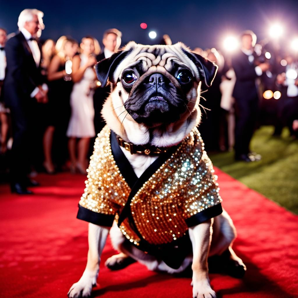 Pug Dog Movie Star on Red Carpet