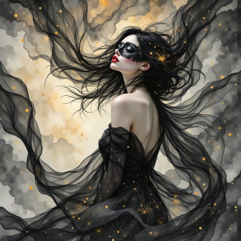 Arlequins Muse: Stormy Skies with Intricate Linework