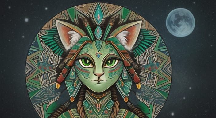 Paleolithic Tribal Art: Emerald Cat and Cosmic Feminine Form