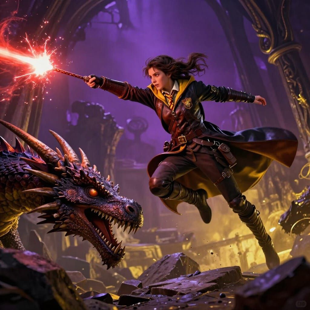 Hufflepuff Witch Dodging Dragon Fire in Dynamic Game Art