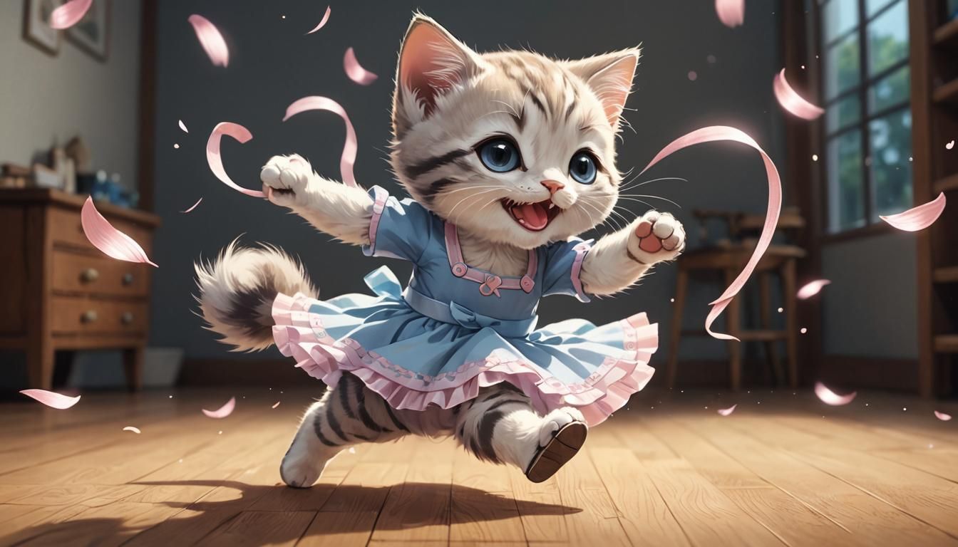 Smiling Kitten Dancing in Ballet Shoes: Manga Style