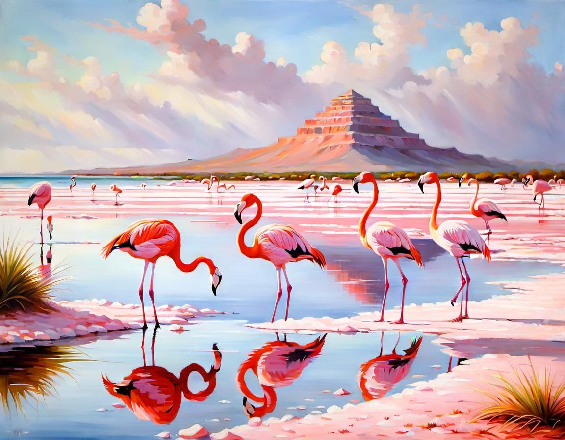 Flamingos on Bonaire Salt Flats: Oil Painting