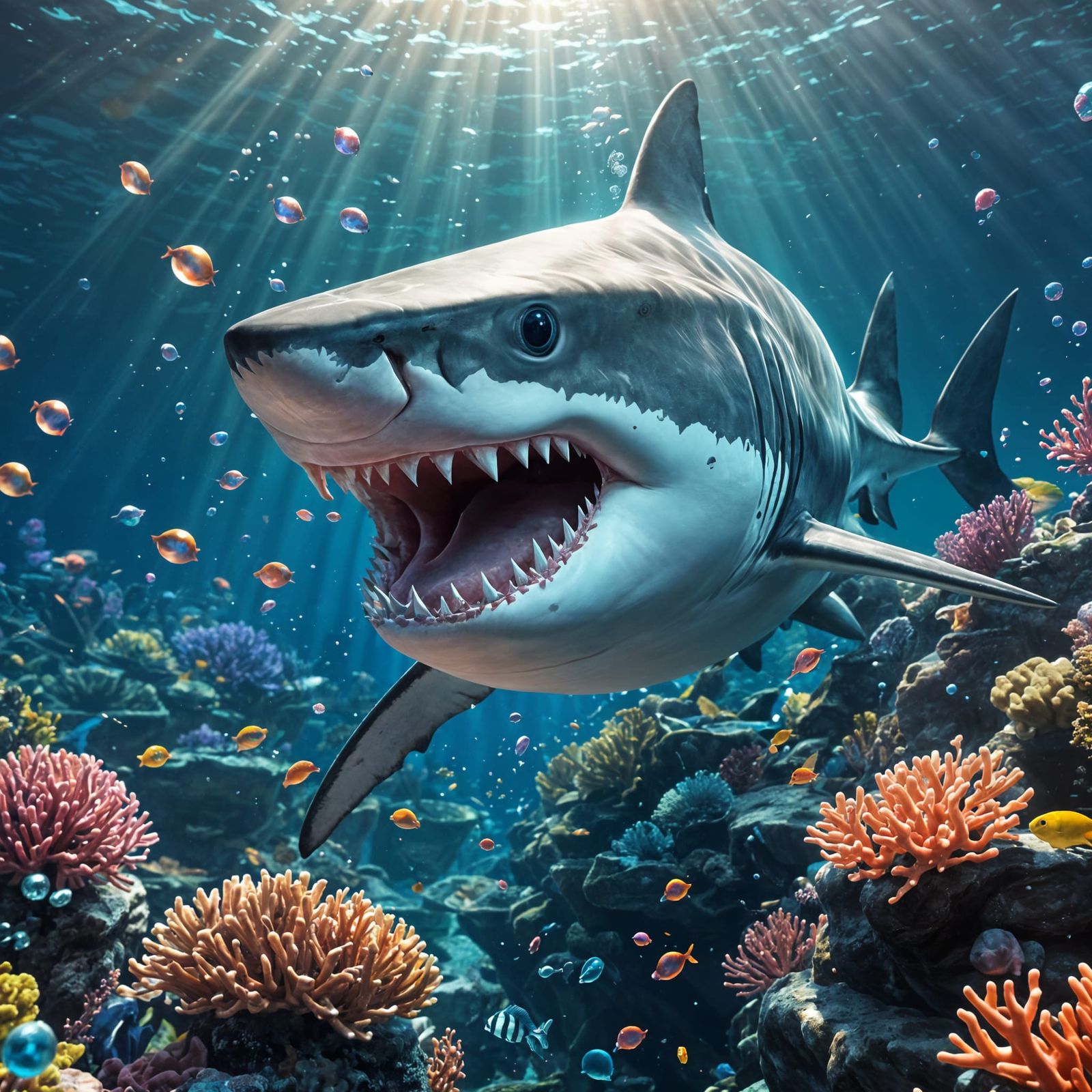 Mythical Shark Portrait in Underwater Scene