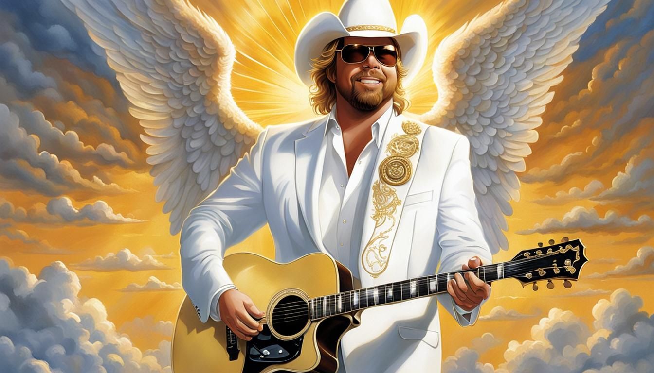 toby Keith as an angel, standing on a cloud, playing his guitar, ultra detailed facial features, dressed in a white suit...