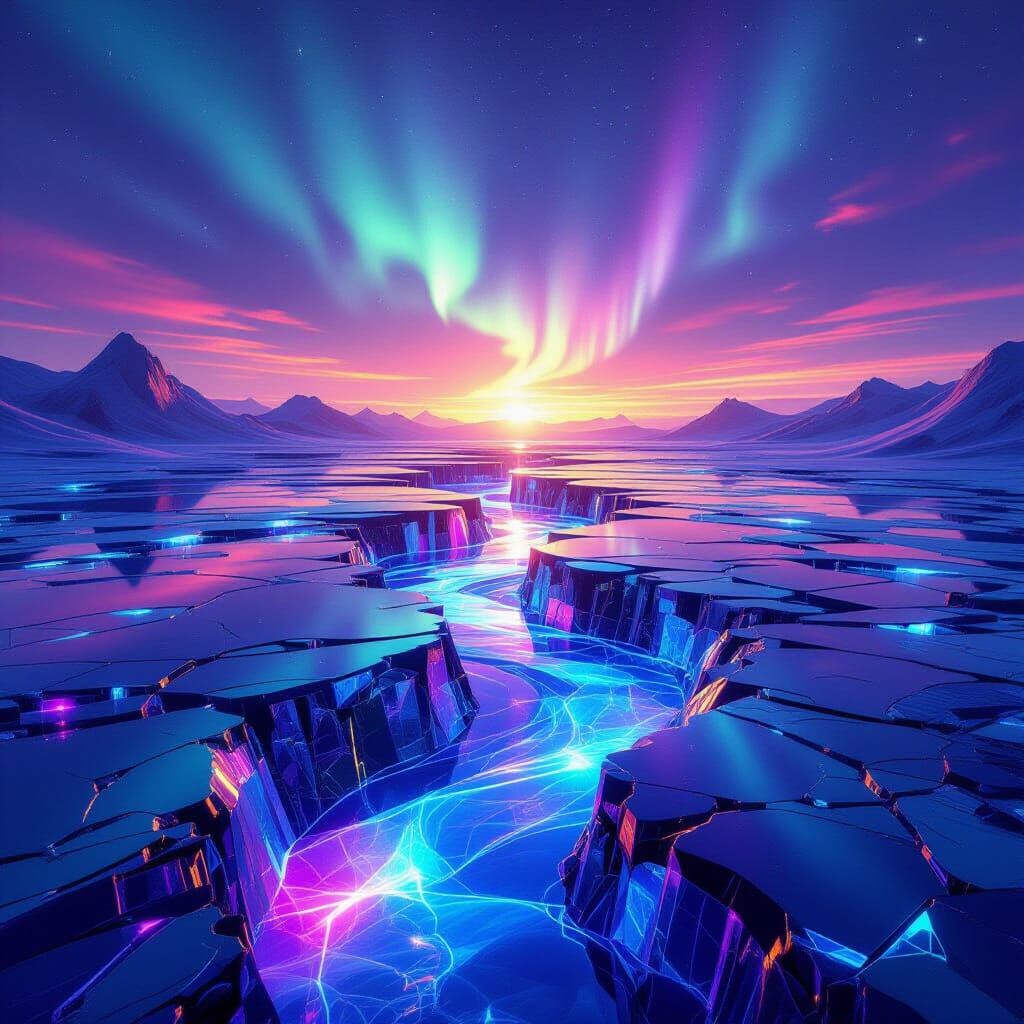 Molten Prismscape: Abstract Rivers and Aurora Skies