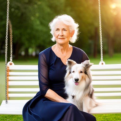 Elegant Woman with Dogs on Garden Swing