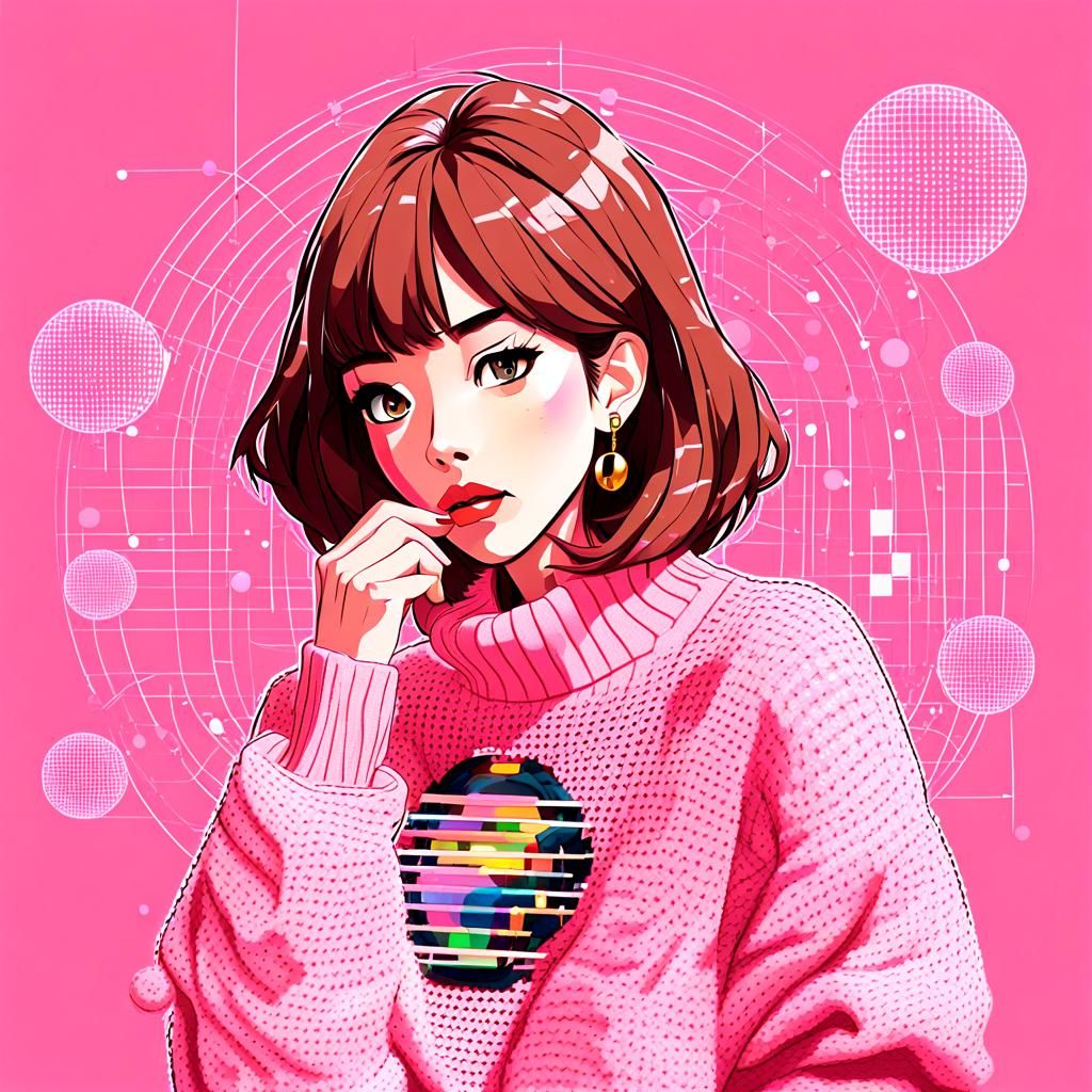 Anime Girl in Pink Sweater: Minimalist Spirograph Art