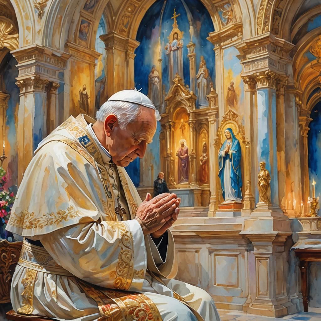 Pope John Paul II Praying in Impressionist Gouache Style