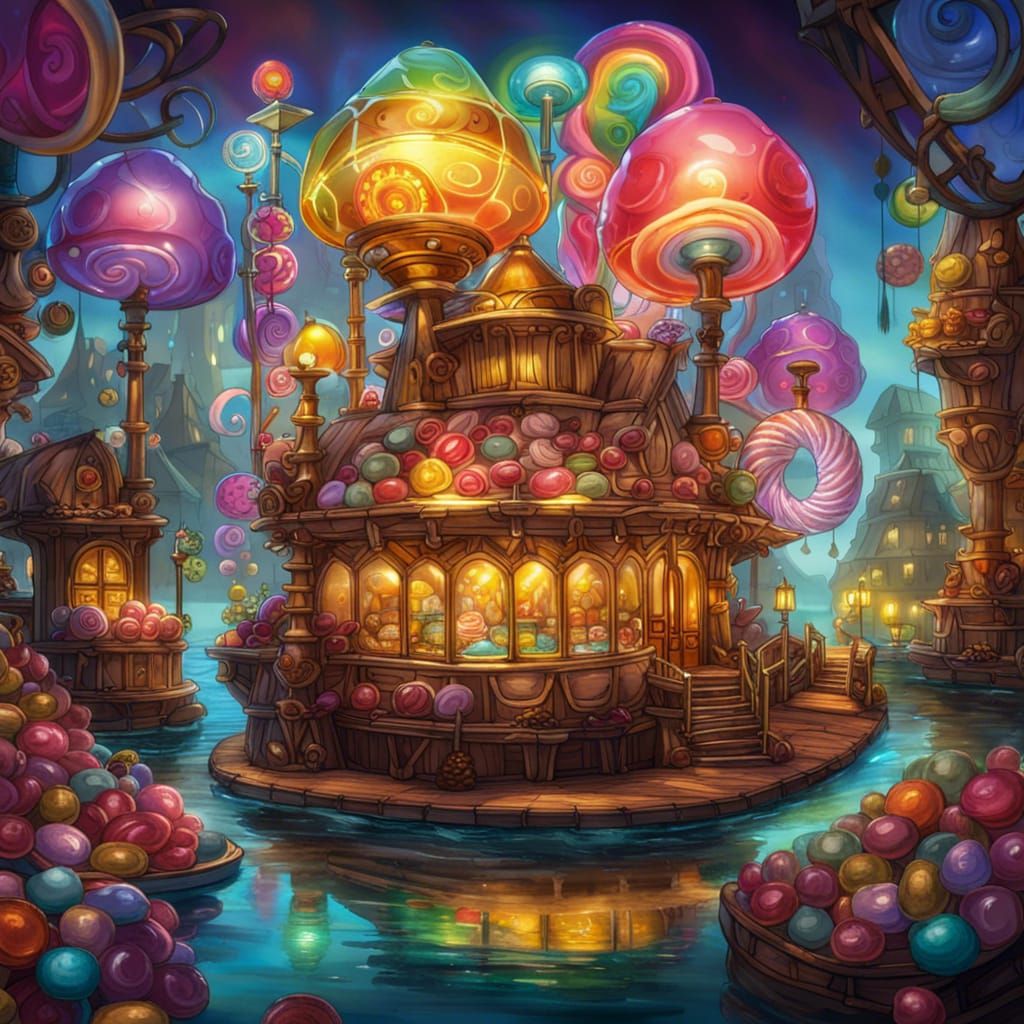Magical Candy Shop on Water with Steampunk Elements