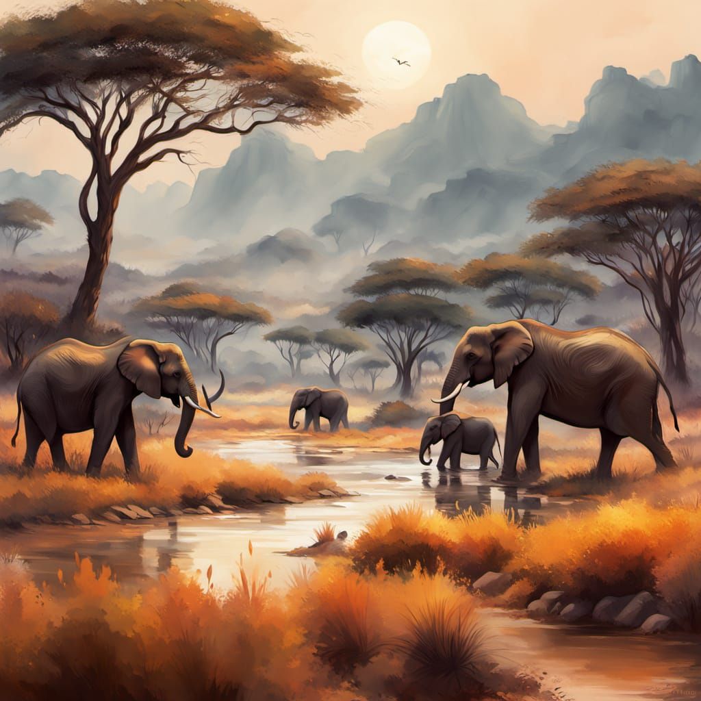 Surreal African Village Scene with Water Goddess and Elephan...