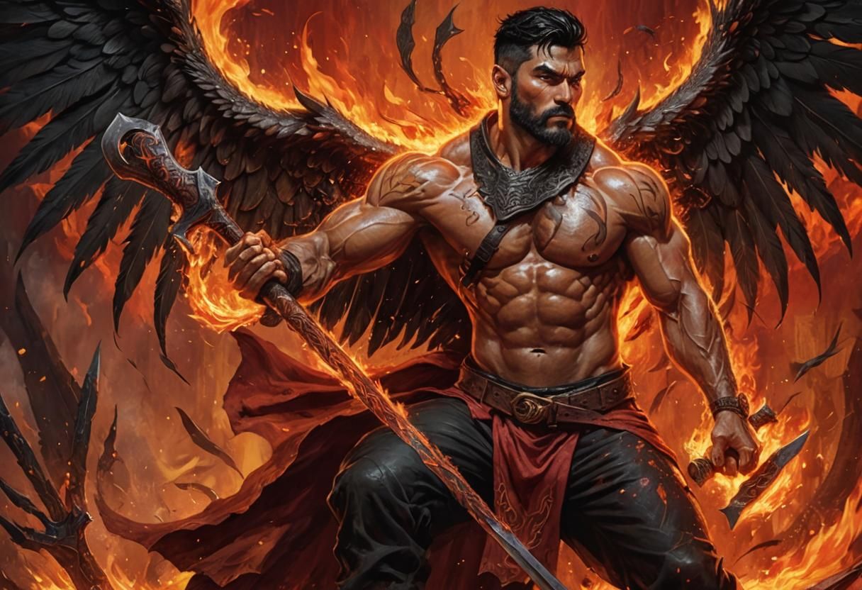 Muscular Man with Axe and Fire Wings: Dark Fantasy Art