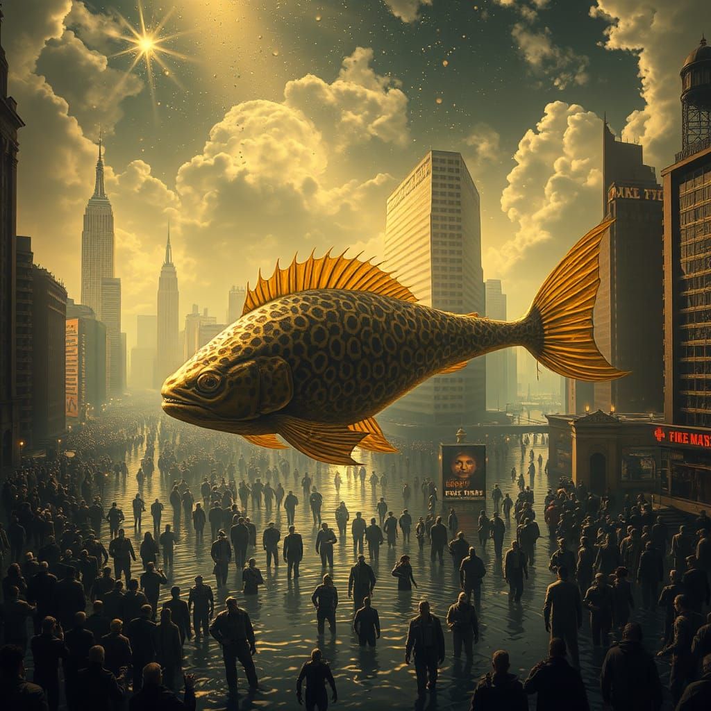 Celestial Cityscape with Leopard Fish in Flooded New York