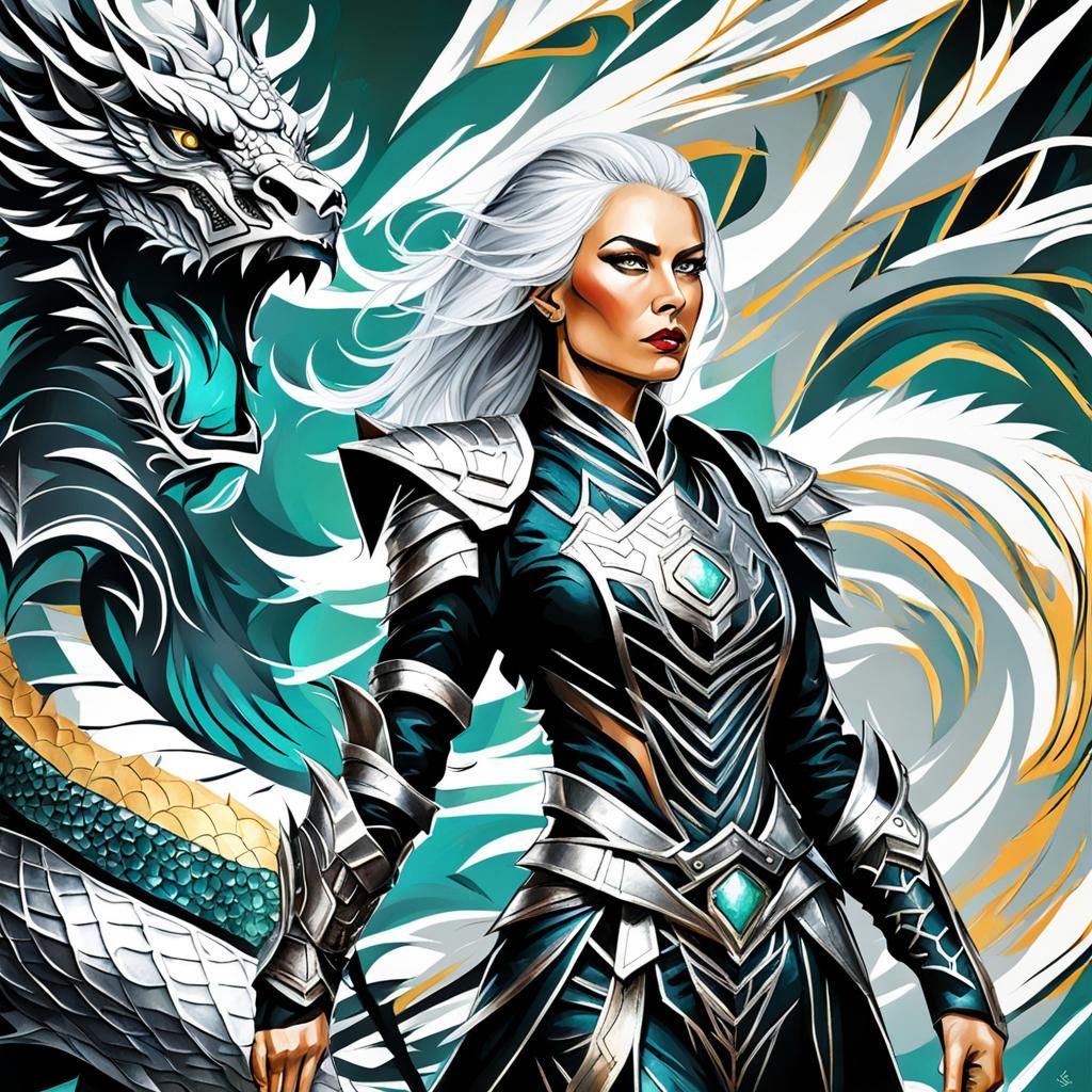 Silver-Haired Officer in Dragon Armor, Abstract Art