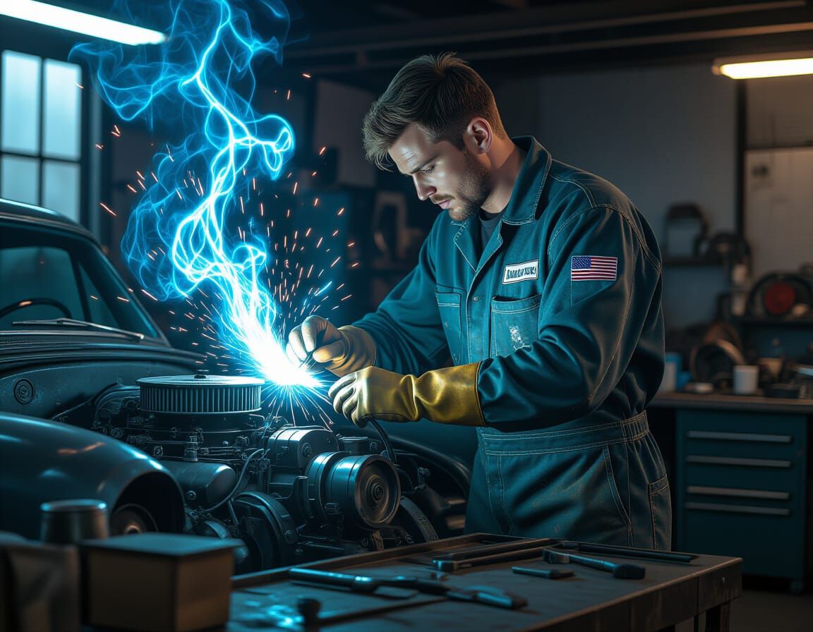 Mechanic Magician Repairs Car Engine with Arcane Energy