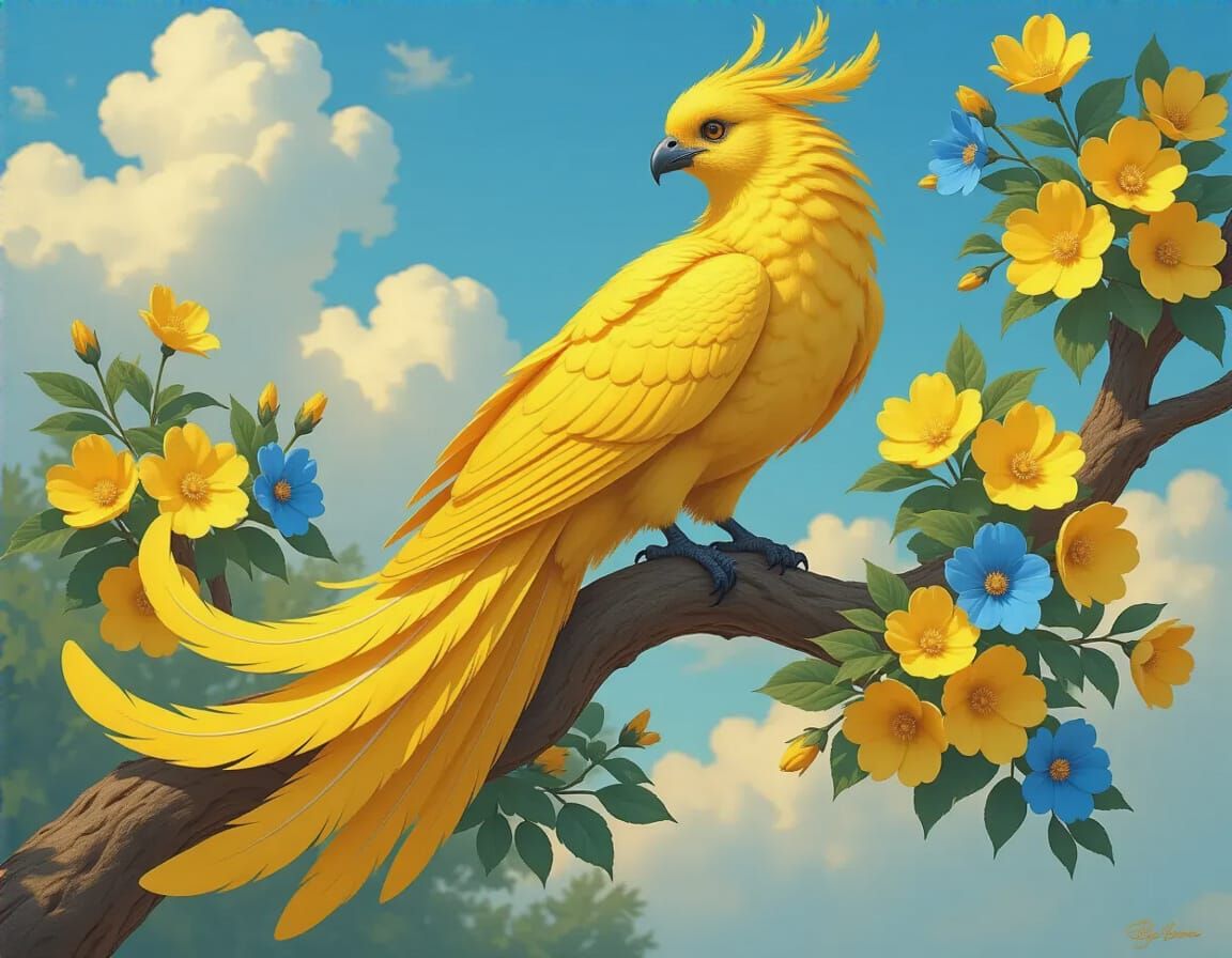 Mythical Yellow Bird on Flowering Branch: Oil Painting