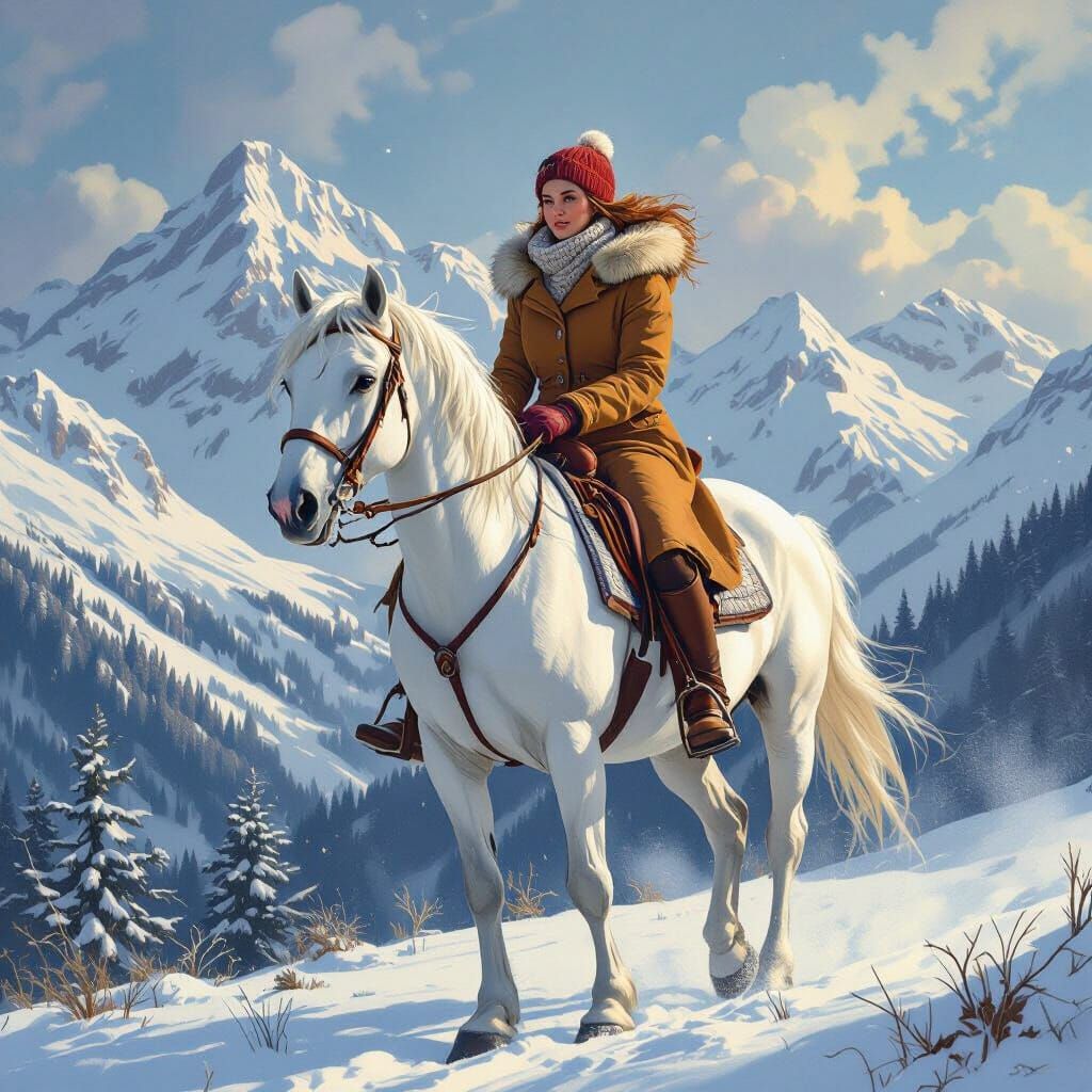 Woman on White Horse in Snowy Mountains