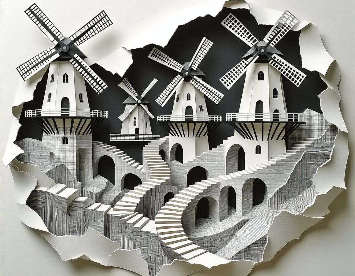 Escher-Inspired Paper Landscape with Windmills