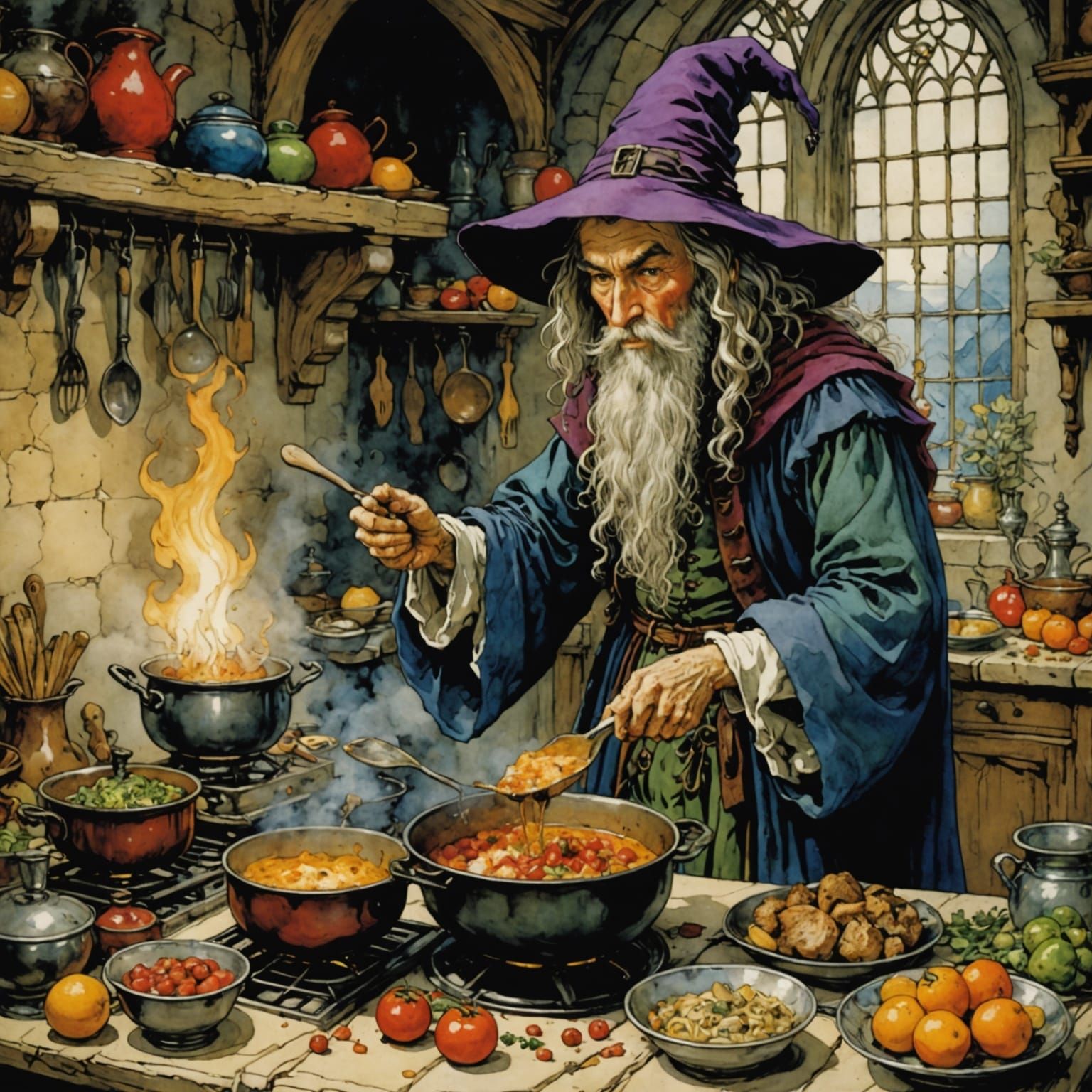 Wizard Cooking with Saturated Colors and Whimsical Style