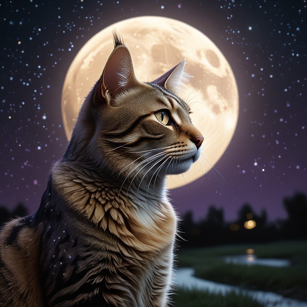 Tabby Cat Gazing at Golden Moon in Digital Art