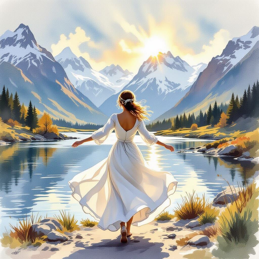 Woman Dances by River in Watercolor Style