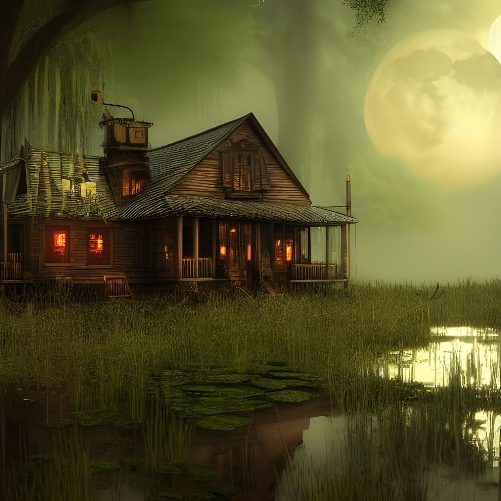 Steampunk Cabin in Swamp at Moonlight