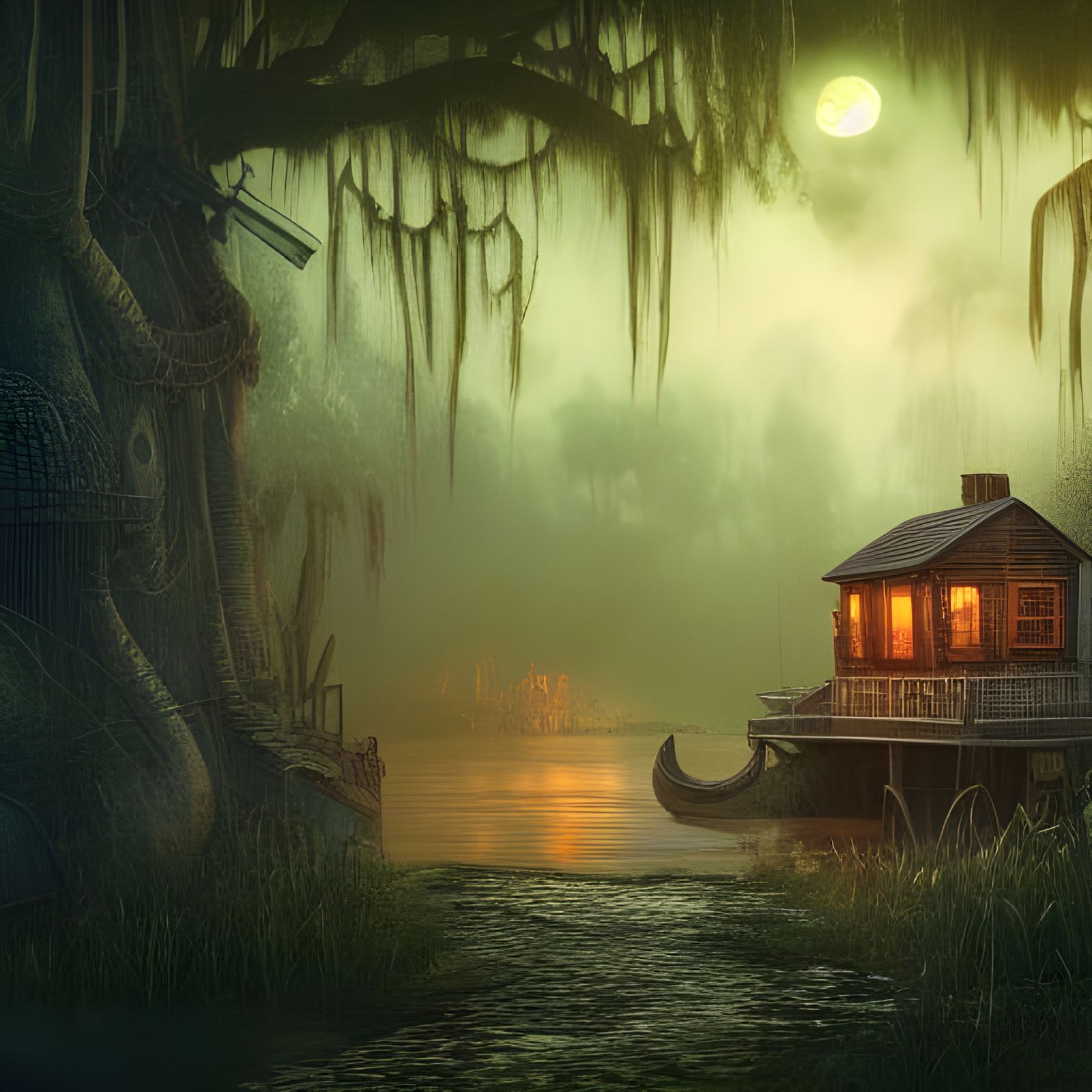 Steampunk Cabin in Swamp Under Moonlight