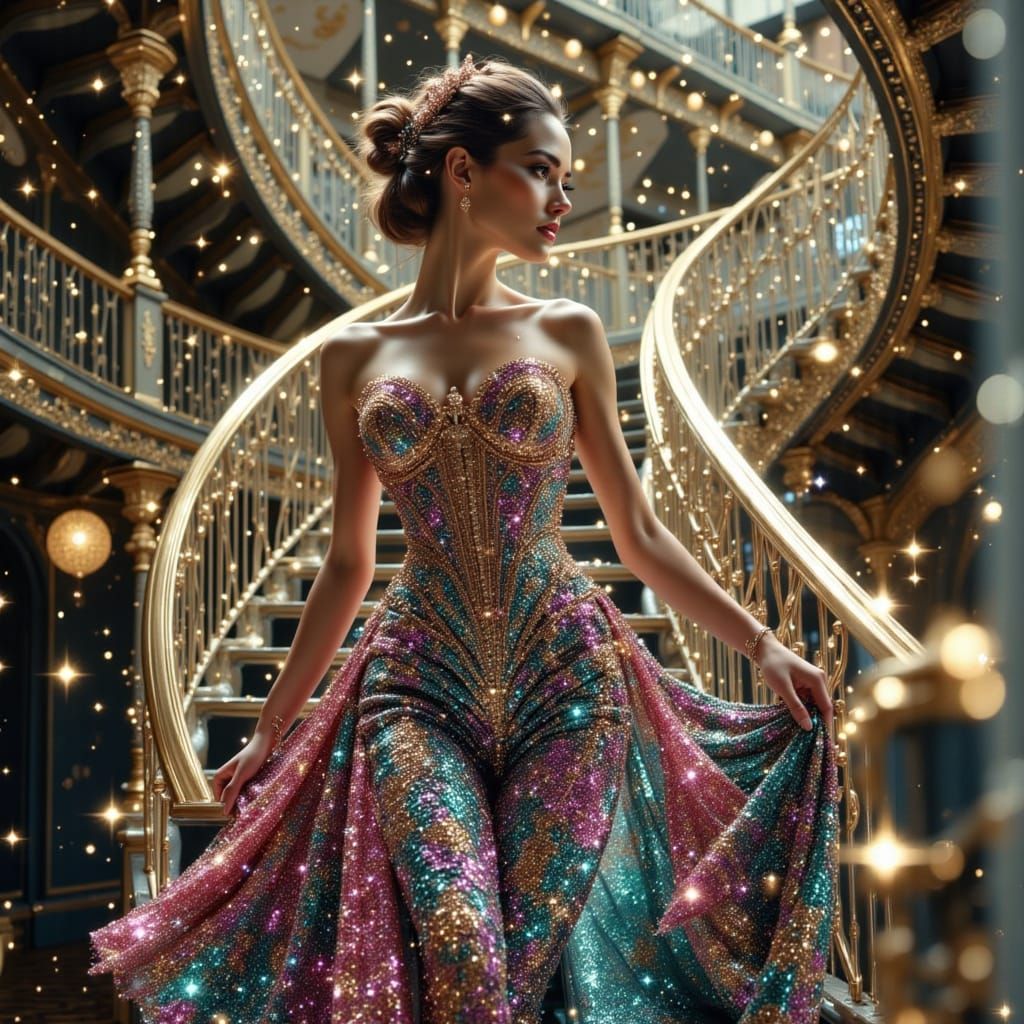 Avant-Garde Woman in Sequined Gown on Spiral Staircase