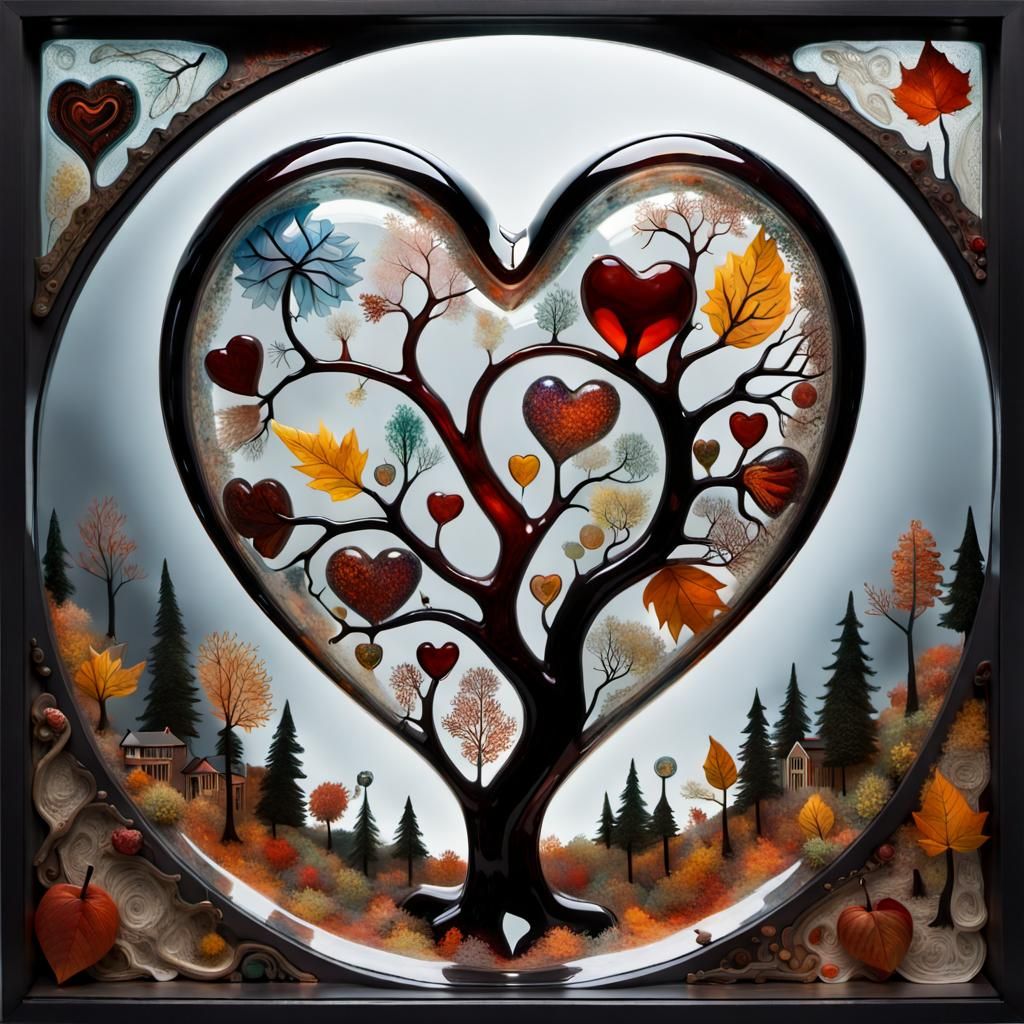 Autumn Landscape in Glass Heart: Whimsical 3D Artwork