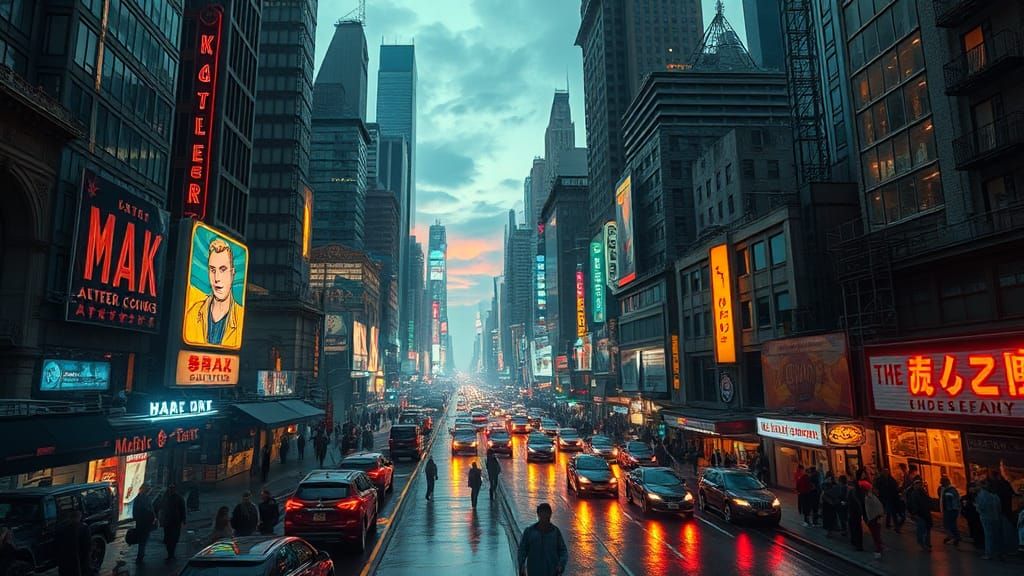 Chaotic Cityscape at Dusk in Futuristic Style