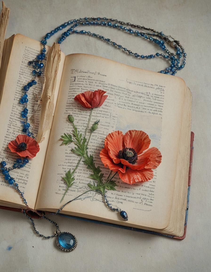 Poppy, Book, and Beads in Watercolor Double Exposure