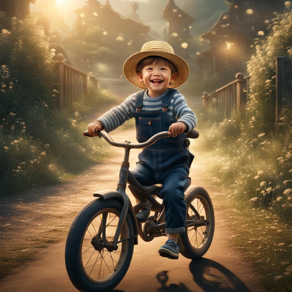 Boy in Overalls Rides Bike: Digital Matte Painting