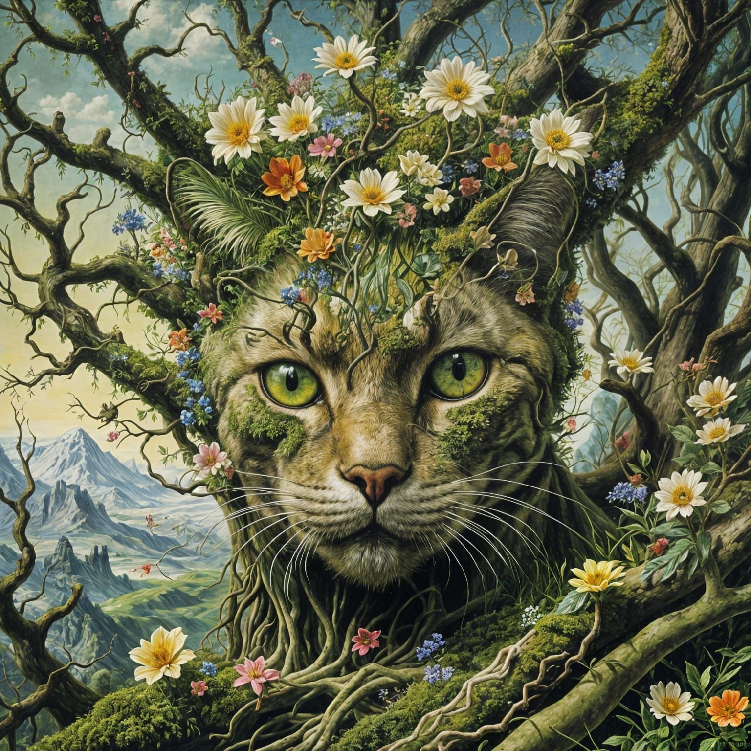 Surreal Plant Cat Sculpture as Oil Painting