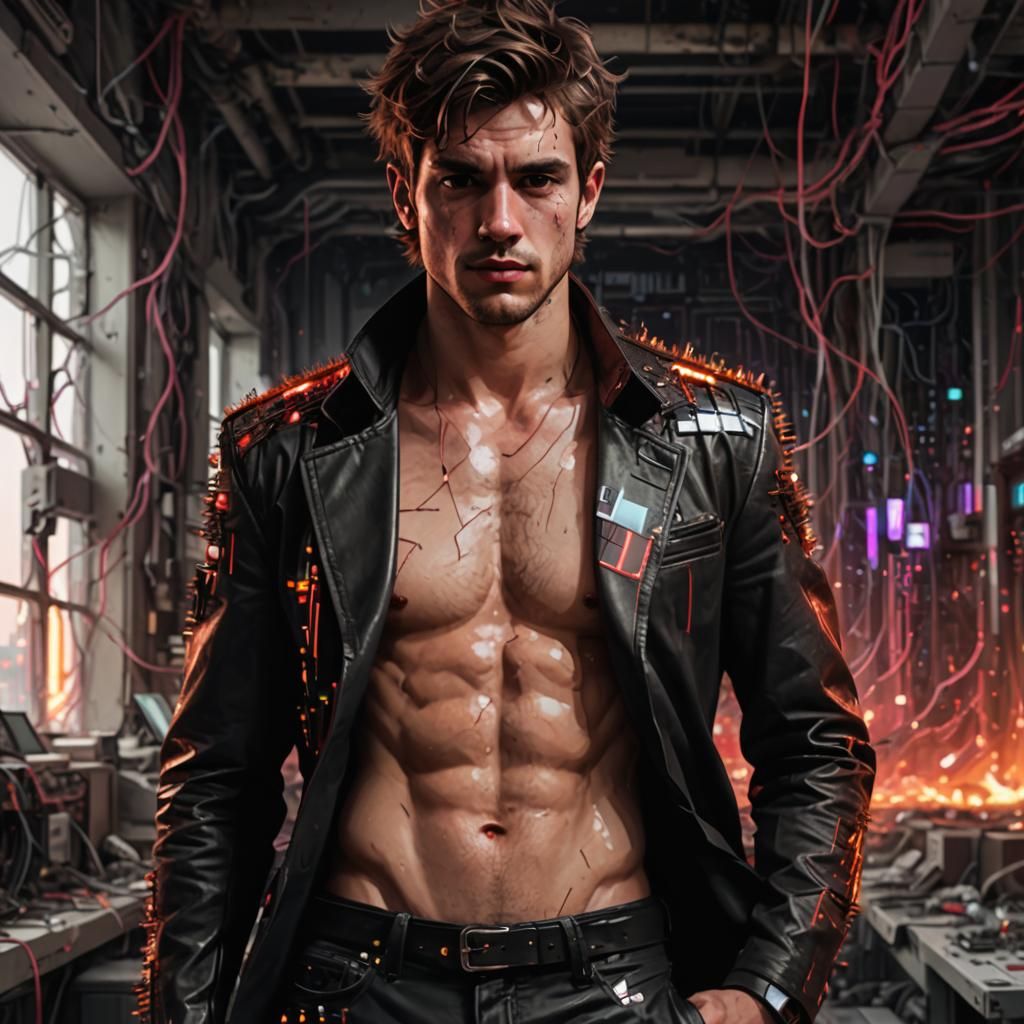 Pixelated Neofuturistic Man in Surreal Circuit Landscape