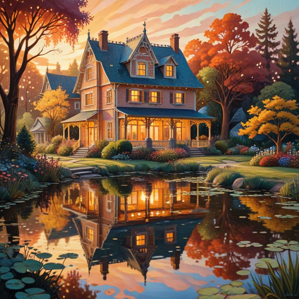 Art Nouveau Country House and Pond Oil Painting