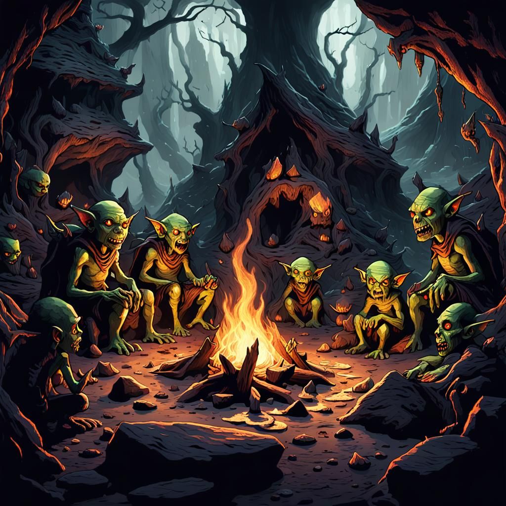 Eerie Goblin Camp in Dark Fantasy Illustration