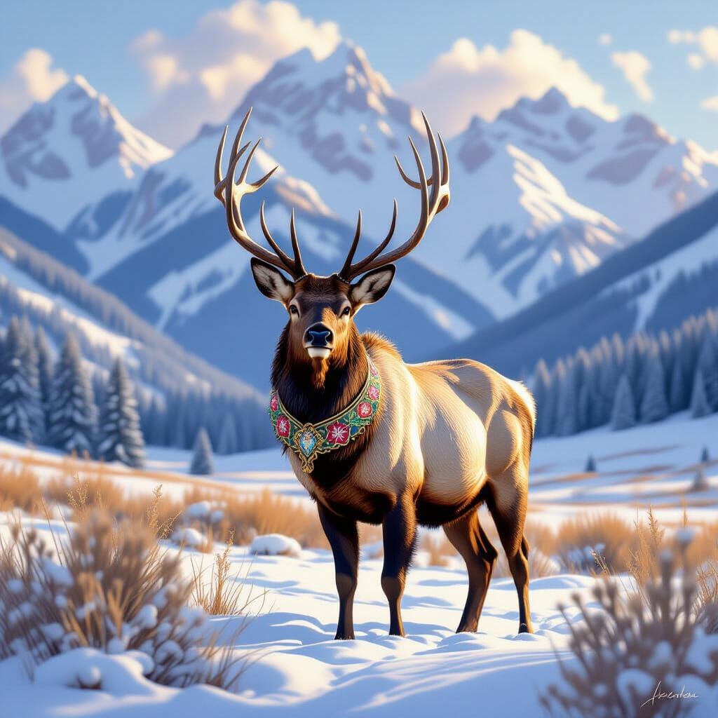 Majestic Moose in Snowy Mountain Meadow with Decorative Coll...