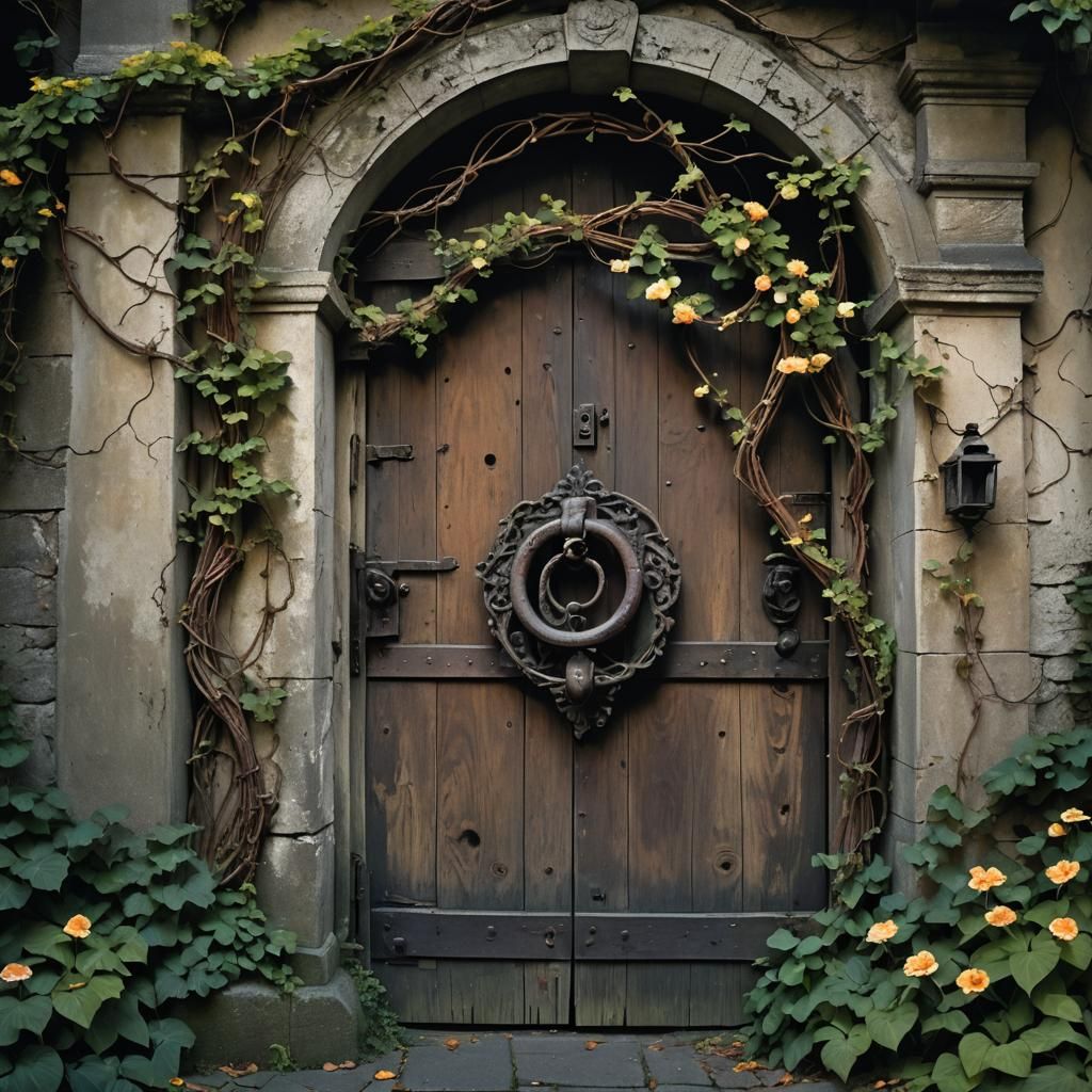 Eerie Wooden Door with Glowing Flowers